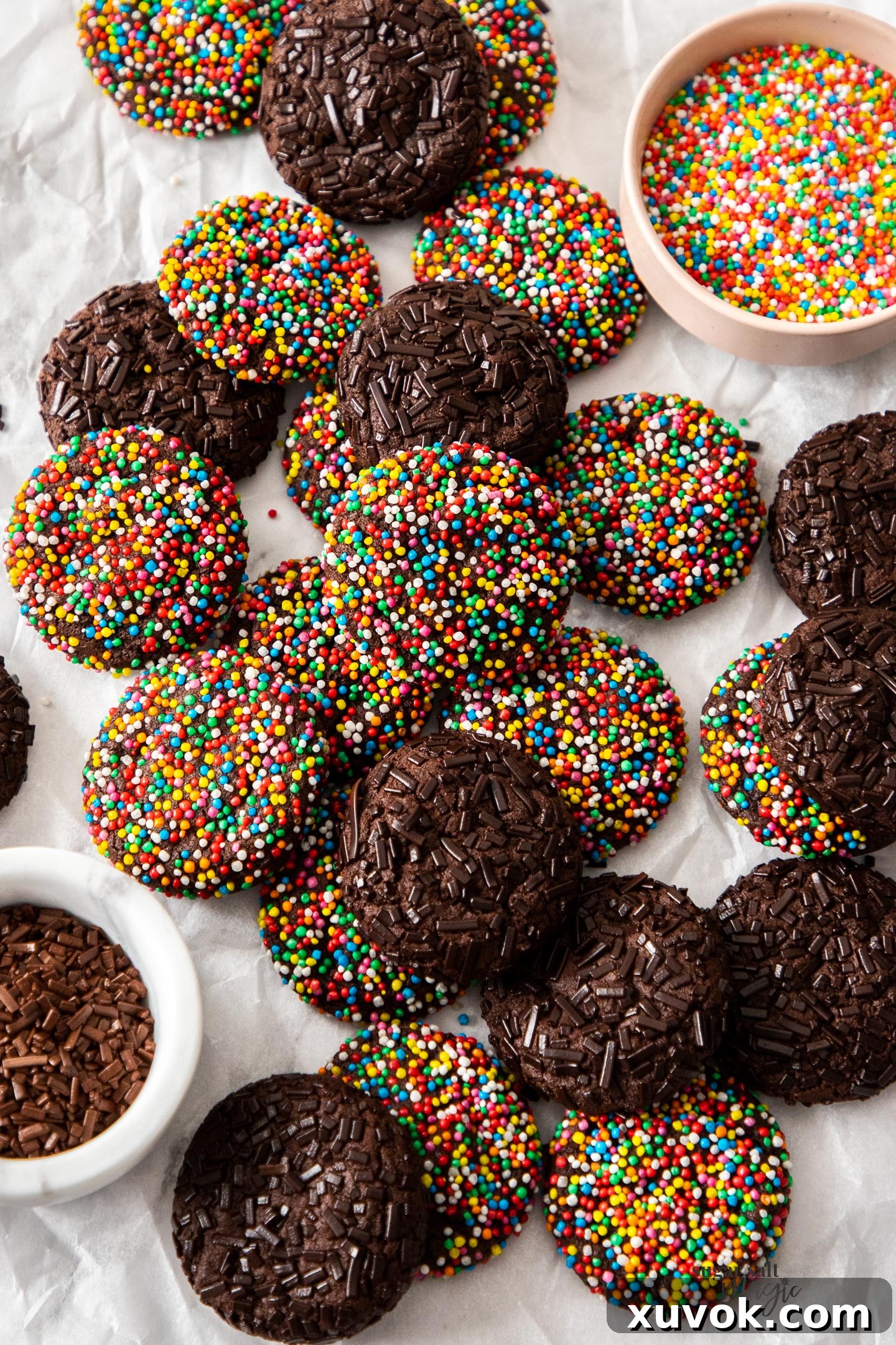 A fresh batch of homemade chocolate sprinkle cookies cooling on baking paper.