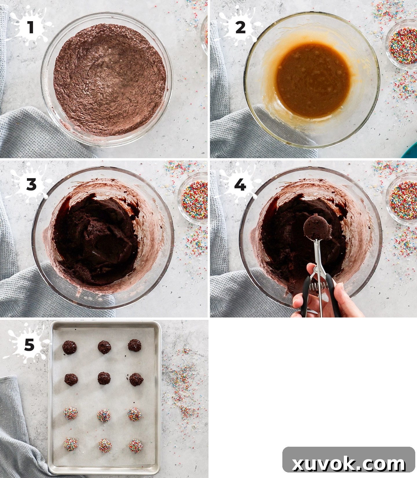A step-by-step collage demonstrating the process of making chocolate sprinkle cookies, from mixing ingredients to coating with sprinkles and baking.