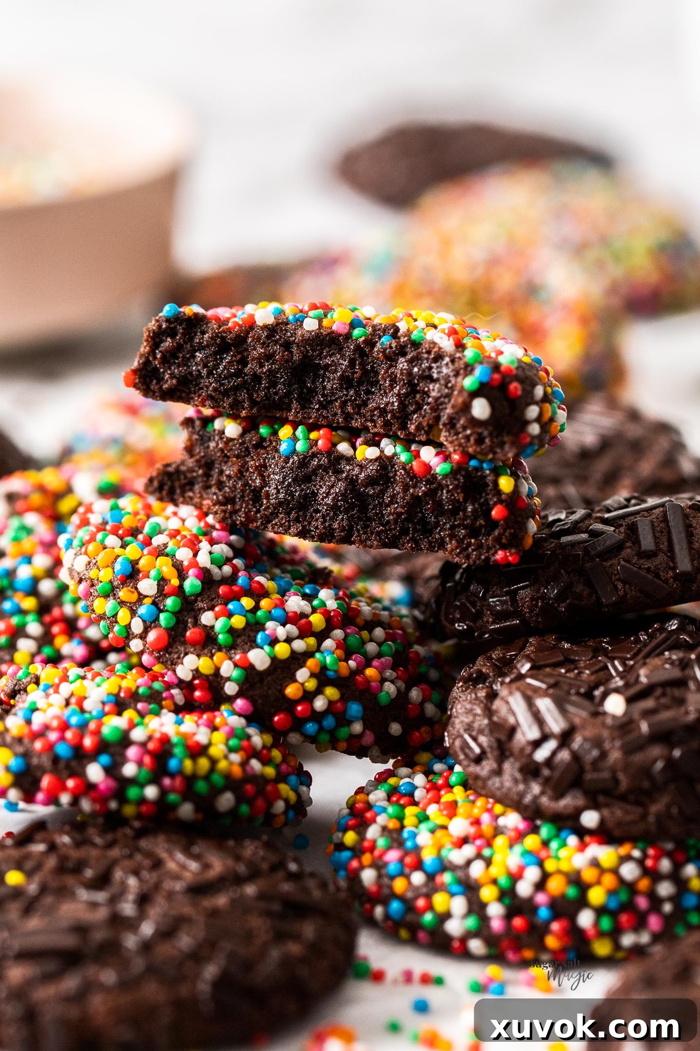 A chocolate sprinkle cookie broken in half to reveal its soft, fudgy interior texture.