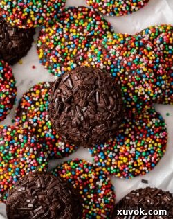 Close up of a chocolate sprinkle cookie with chocolate sprinkles on top, highlighting its texture.