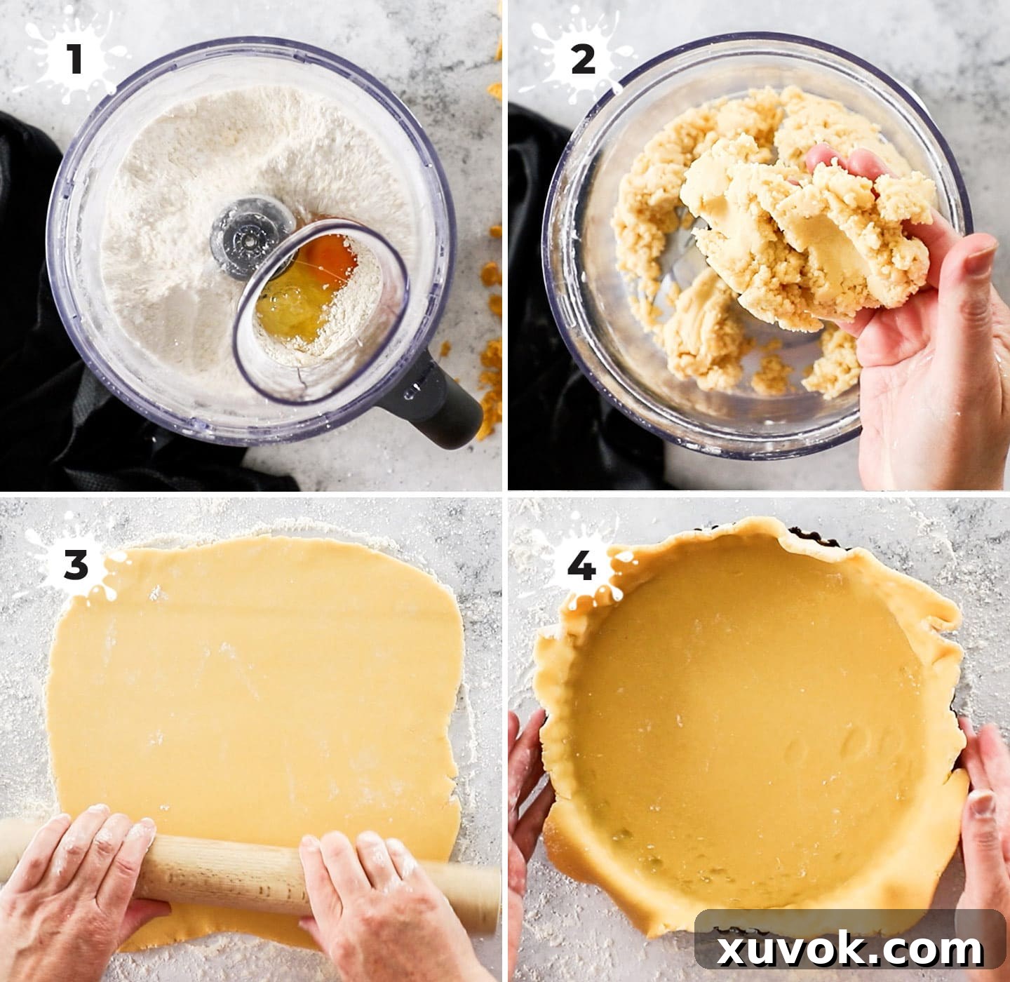 A visual guide showing the step-by-step process of making and shaping the shortcrust pastry dough for the Cornflake Tart.