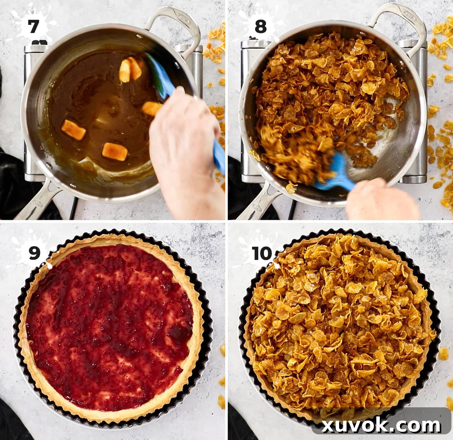 A step-by-step collage illustrating the process of creating the sweet and crunchy cornflake filling for the tart.