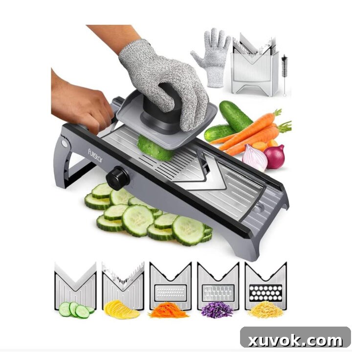 Close-up of hands safely using a mandoline slicer with a food guard to create uniform potato juliennes.
