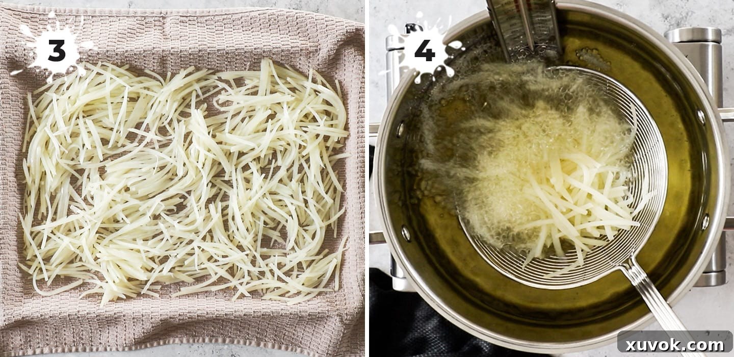 A two-part image showing, first, patting blanched potatoes dry with a towel, and second, gently lowering a batch of potatoes into hot oil for the initial fry.