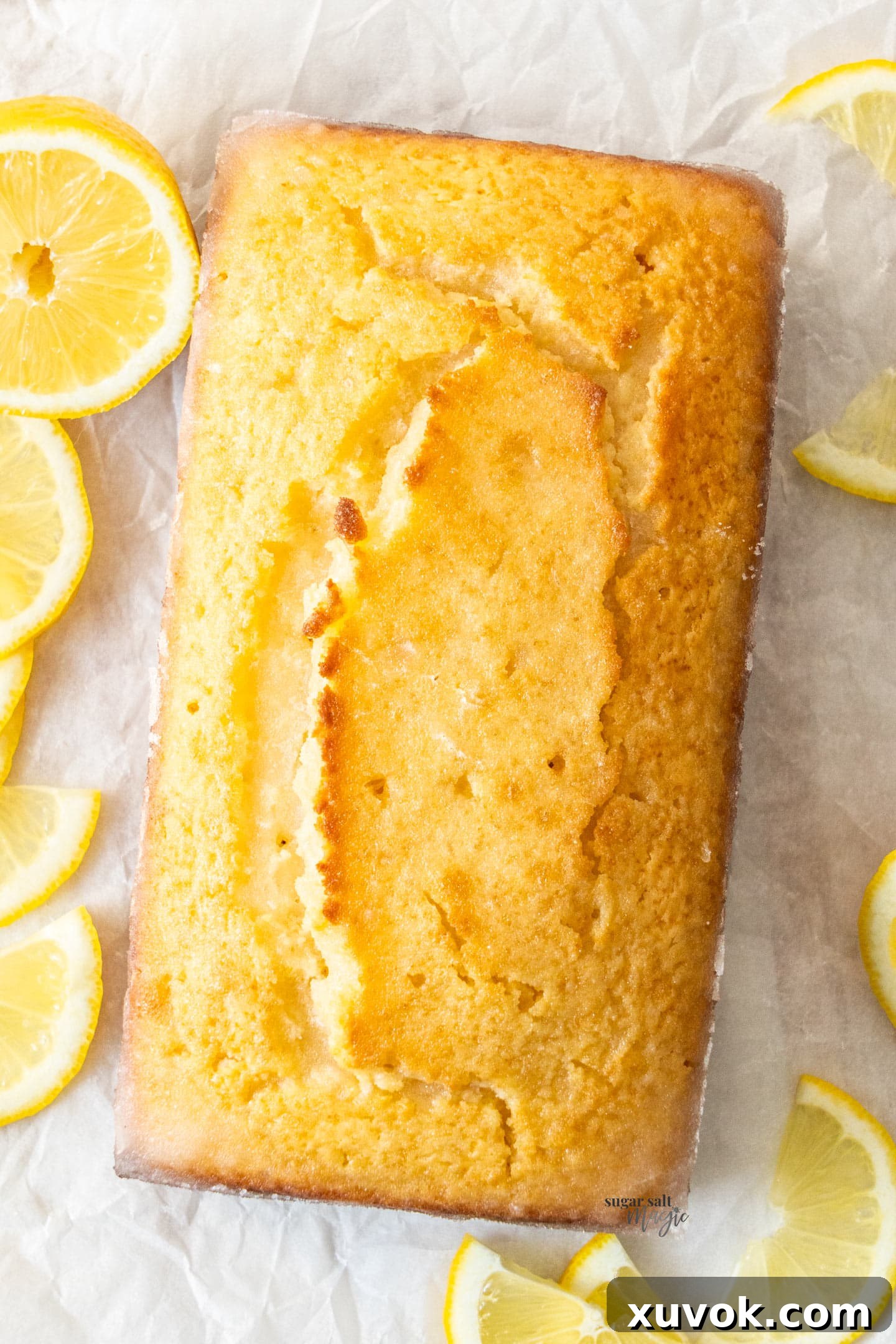 A vibrant top-down view of a golden brown lemon drizzle loaf cake, perfectly baked and ready to be sliced, showcasing its inviting texture.