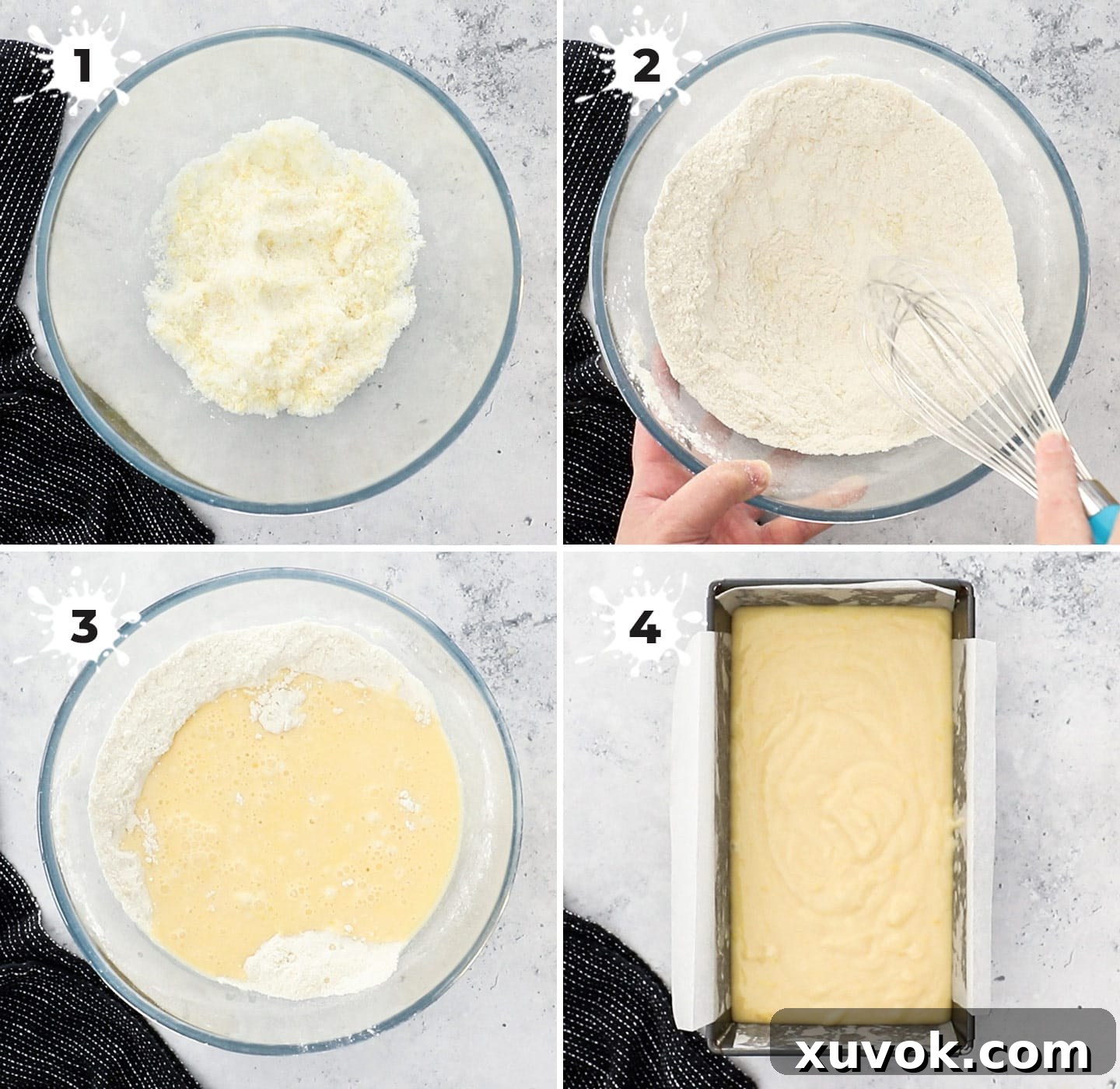 A four-panel collage demonstrating the process of mixing the dry and wet ingredients for lemon drizzle cake batter in a simple, visual guide.