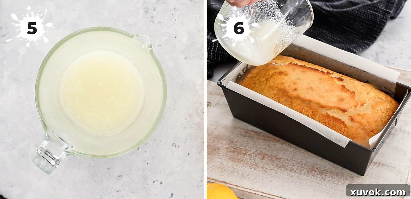 A step-by-step image showing how to generously drizzle the lemon glaze over the warm, freshly baked lemon loaf cake, preparing it for cooling.