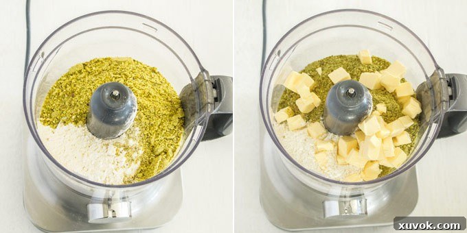 Step 1: Blitzing dry ingredients for the pistachio tart crust.