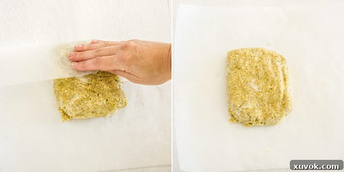 Step 3: Gathering tart dough into a disk using baking paper.