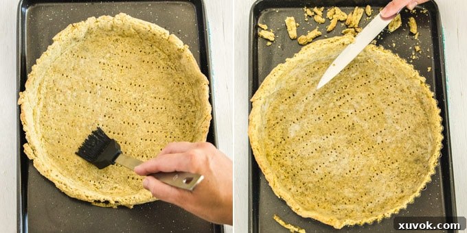 Step 5: Trimming excess pastry and applying egg wash to the tart shell.