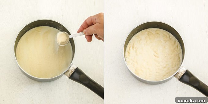 Step 7: Blooming gelatin in milk and sugar for the panna cotta.