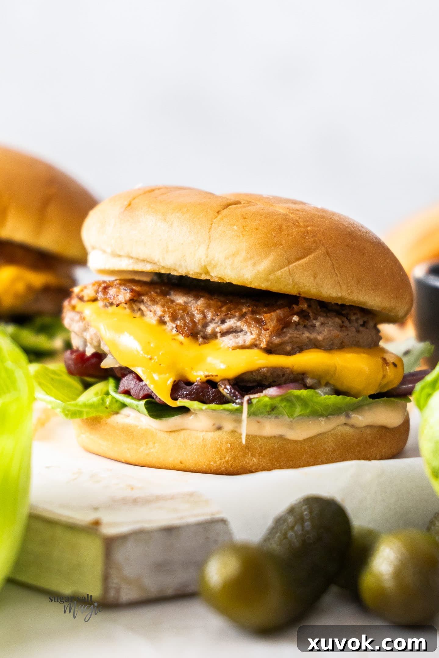 A turkey smash burger with all the fillings.