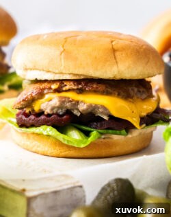 Closeup of a turkey smash burger.