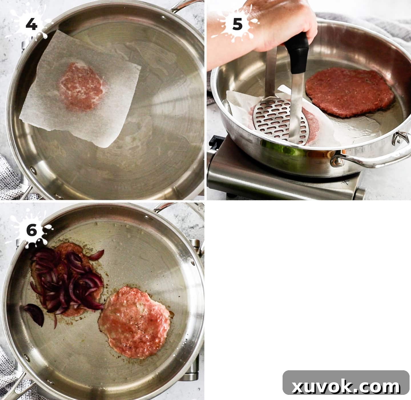 Showing how to flatten the burgers with a potato masher.