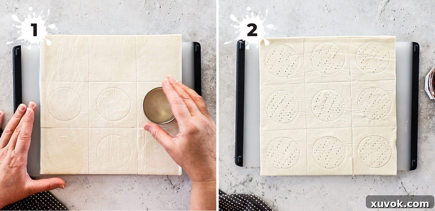 A collage showing the preparation steps for puff pastry jam tarts: slicing squares, scoring centers with a cookie cutter, and docking the center with a fork.
