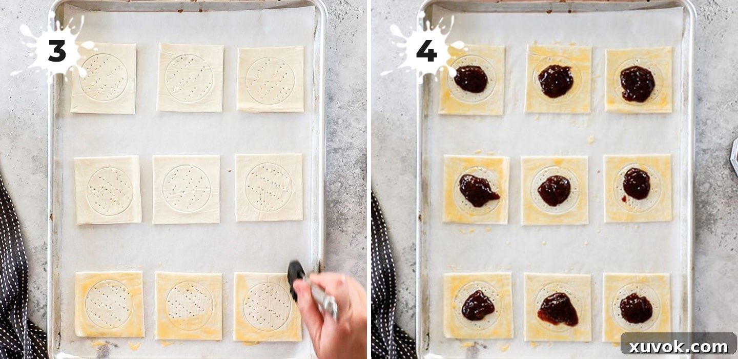 A collage showing how to fill puff pastry tarts: brushing egg wash on edges and spooning jam into the centers.