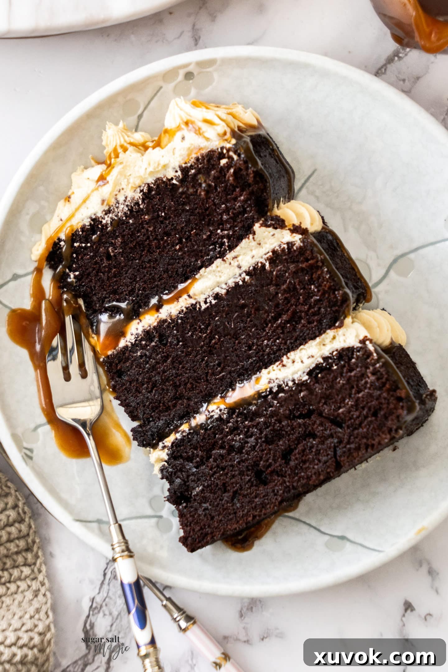 A delectable slice of chocolate salted caramel cake, featuring distinct layers of moist chocolate cake and creamy caramel frosting, presented on a dessert plate.