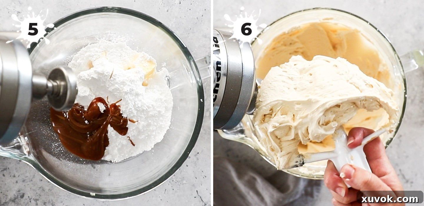 A large mixing bowl containing butter, powdered sugar, and salted caramel sauce, ready to be beaten into creamy frosting.