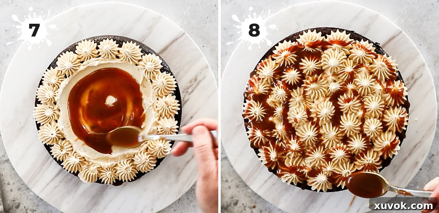 The process of assembling the chocolate salted caramel cake, showing piped buttercream, caramel filling, and stacked layers for a dramatic finish.