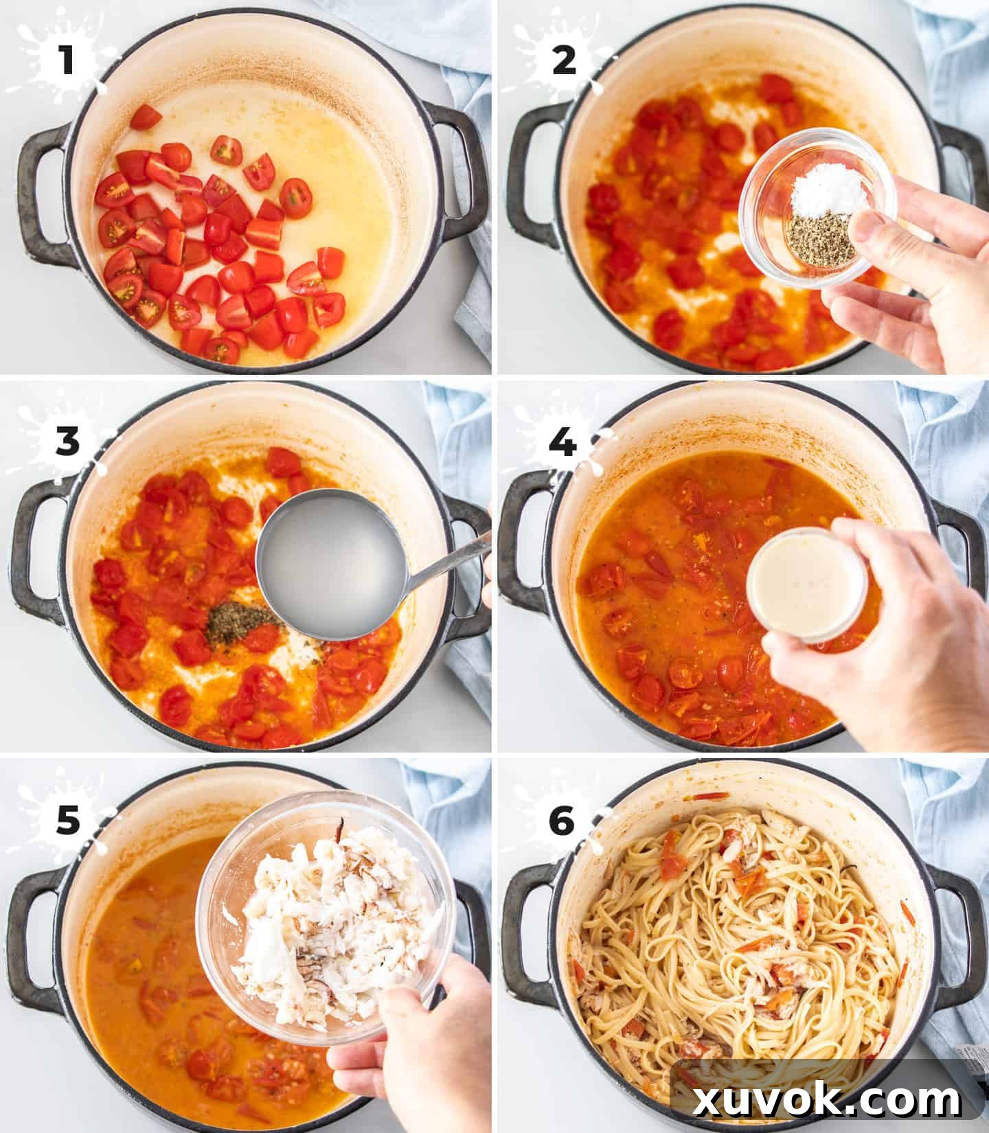 overhead collage: 6 images showing adding ingredients to a saucepan to make crab pasta recipes