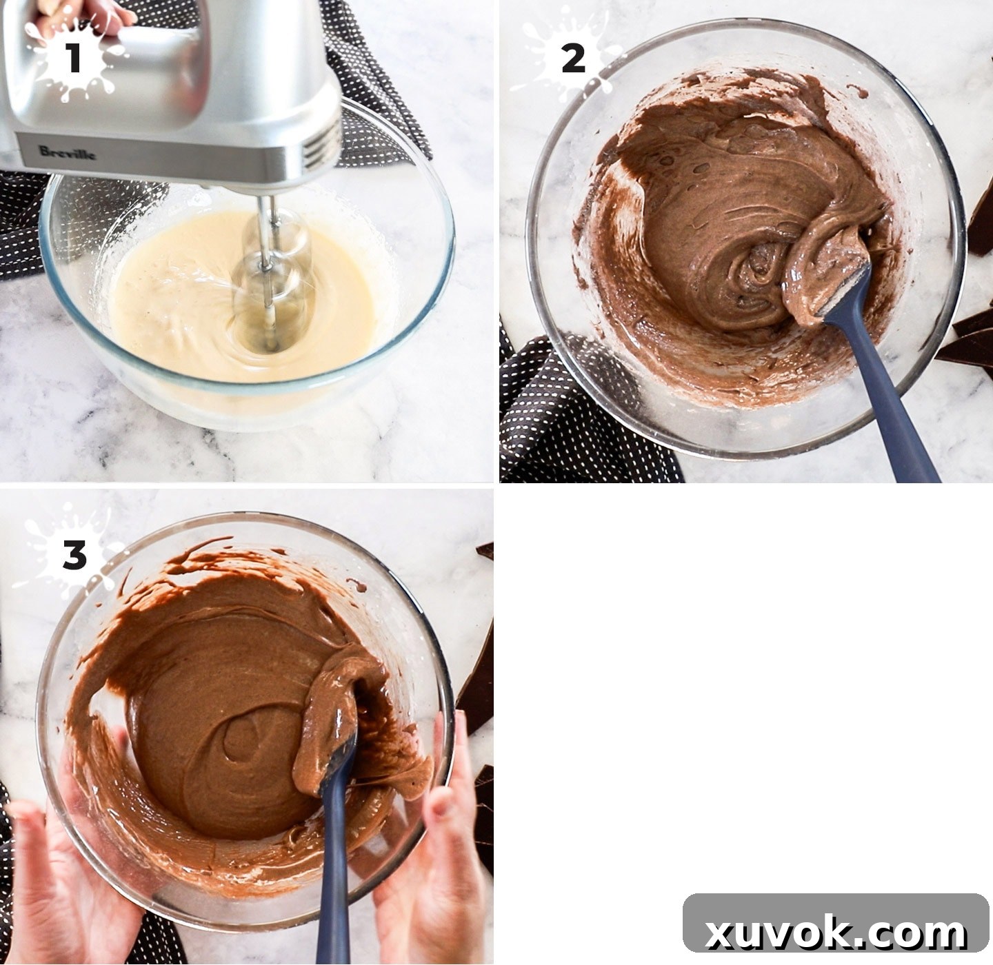 A collage showing the step-by-step process of making chocolate madeleine batter, from whisking eggs to folding in dry ingredients.