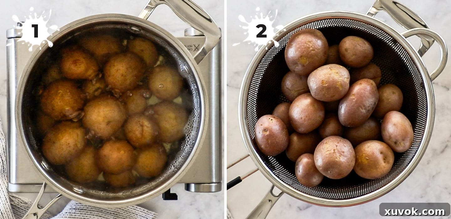 A collage showing how to boil and drain the potatoes to prepare them for smashing.