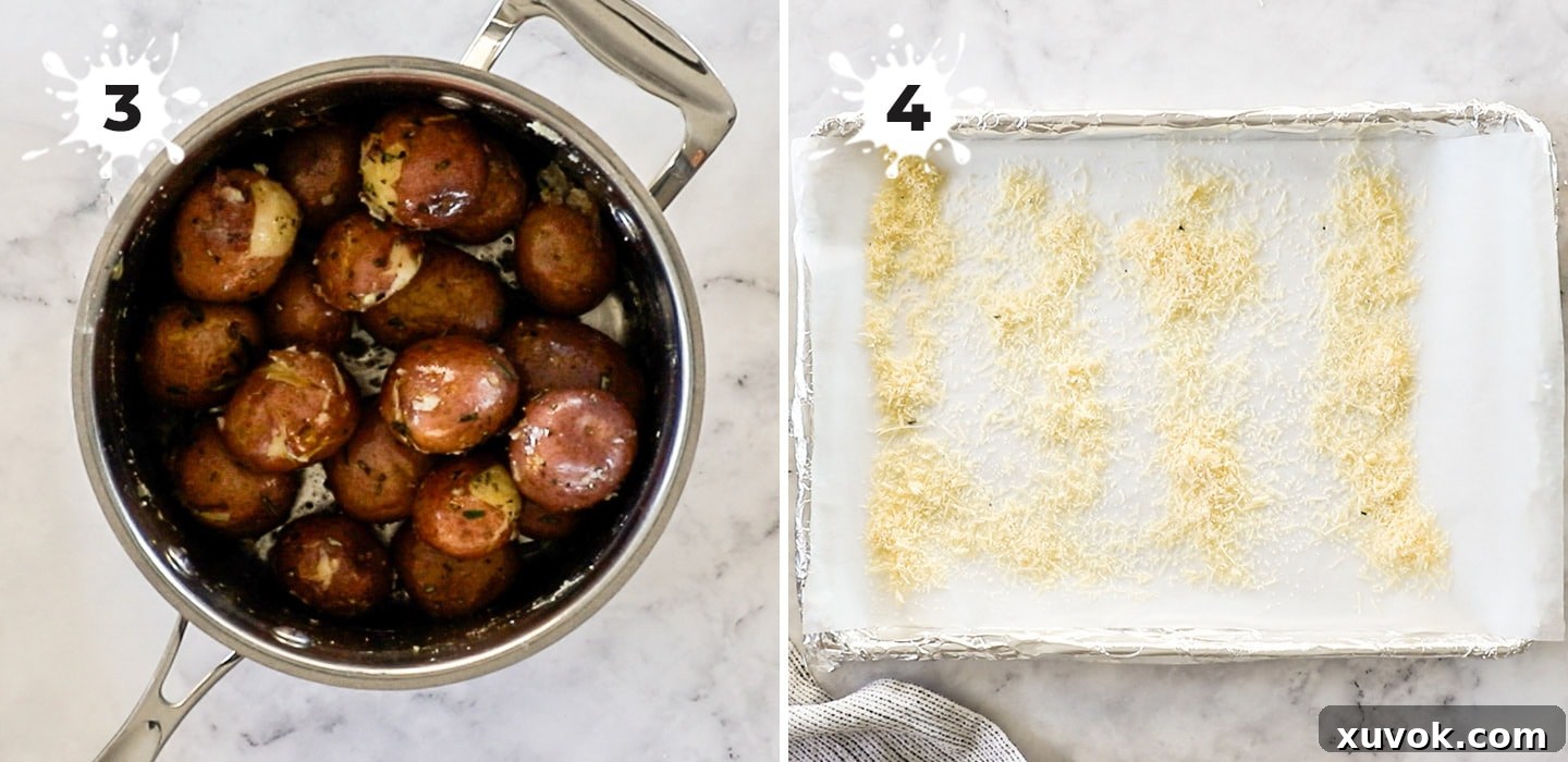 A collage showing how to coat the potatoes with seasoning and then add parmesan to a baking sheet before placing the potatoes.