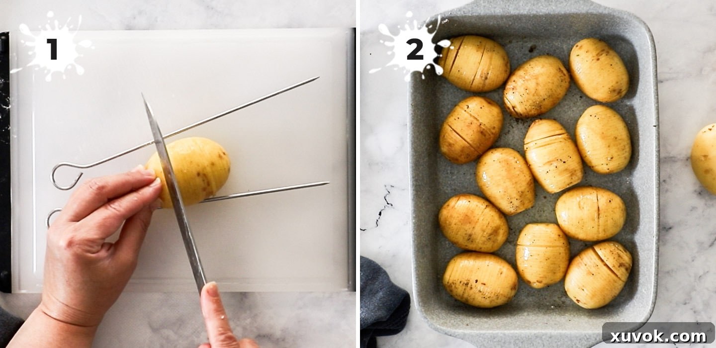 Detailed image showing how to slice potatoes for hasselback gratin, ensuring even cuts.