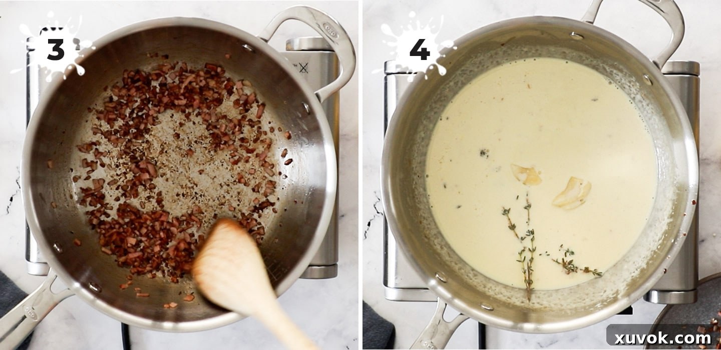 Bacon cooking in a pan with cream, preparing the flavorful sauce for the gratin.