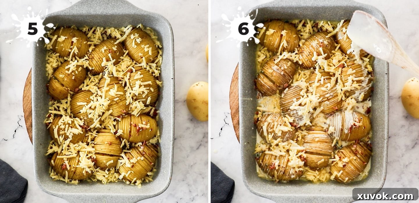 A casserole dish with hasselback potatoes, cream, and cheese ready for final baking.