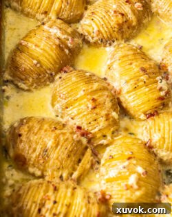 Closeup of hasselback potato gratin, golden and creamy.