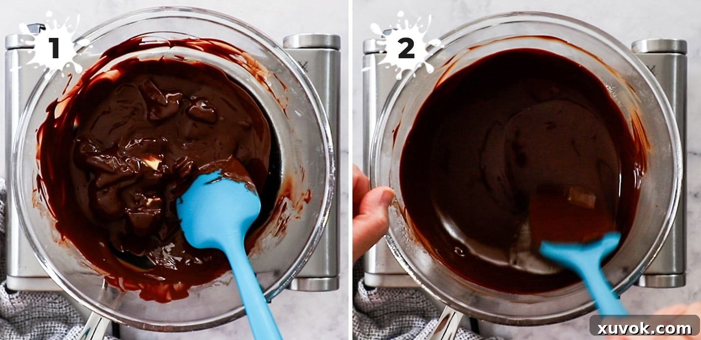 Image showing dark chocolate and butter melting together gently over a bain-marie, a crucial first step for smooth batter.