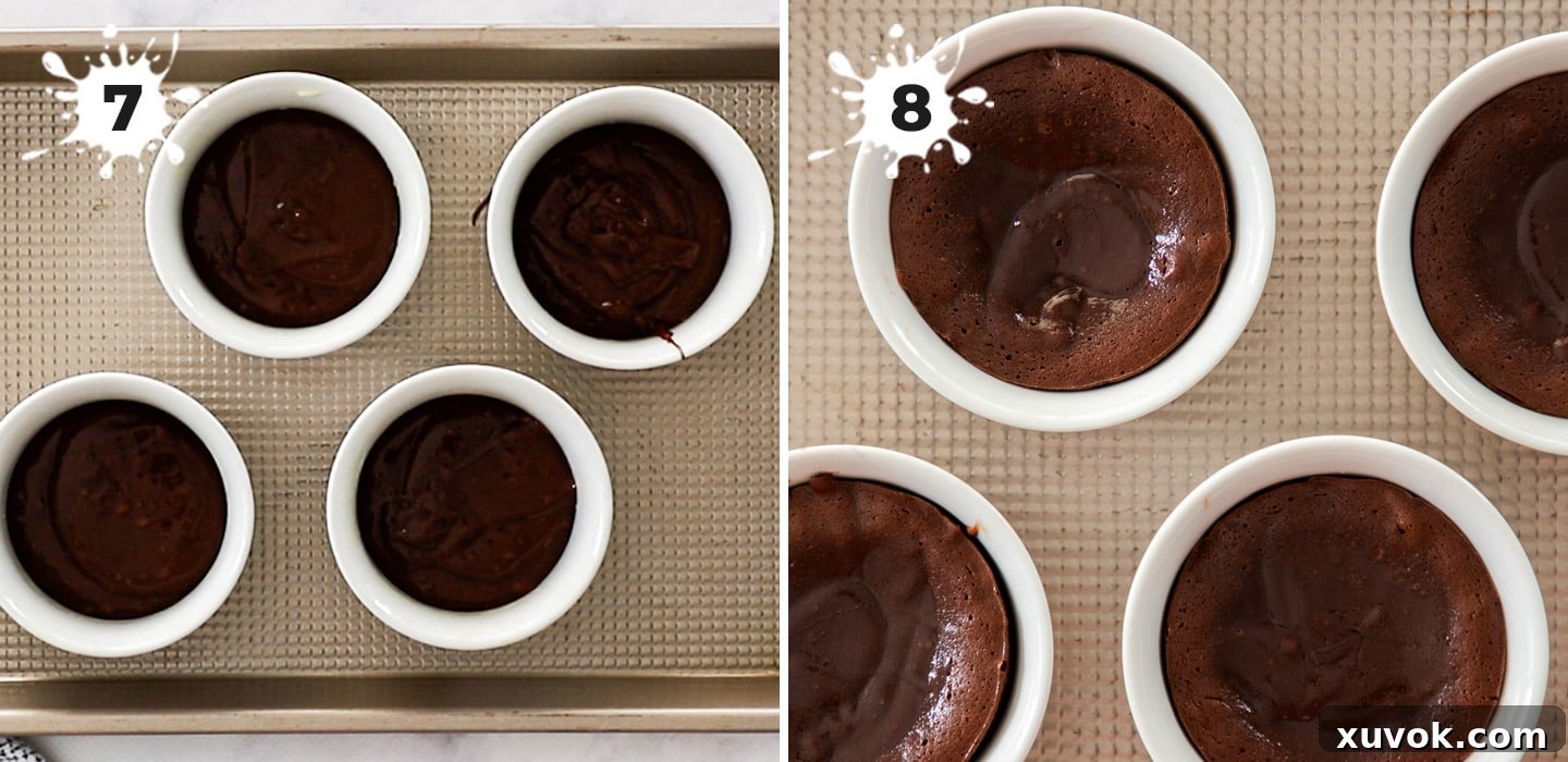 Chocolate fondant batter meticulously divided and poured into six individual ramekins, ready for baking.