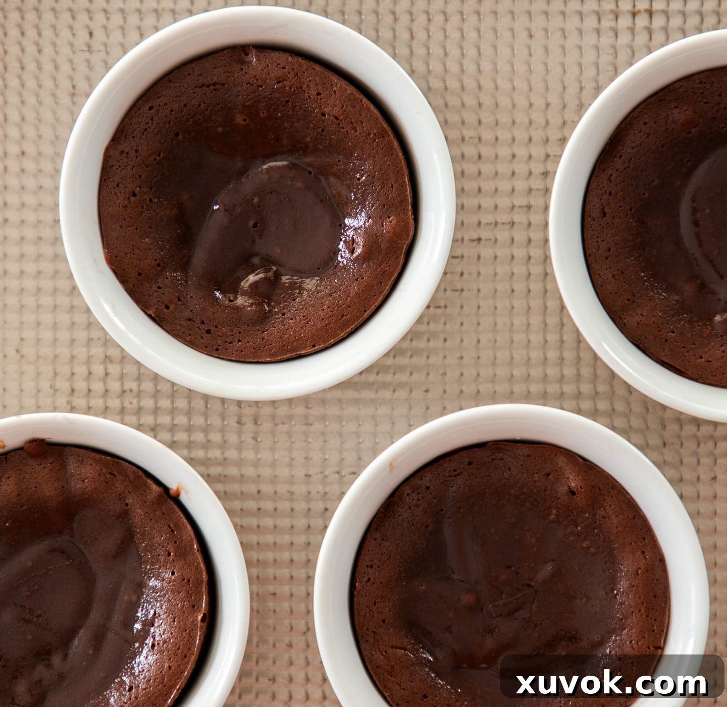Perfectly baked chocolate fondants still in their ramekins, showcasing a firm outer ring and a soft, slightly shiny center.