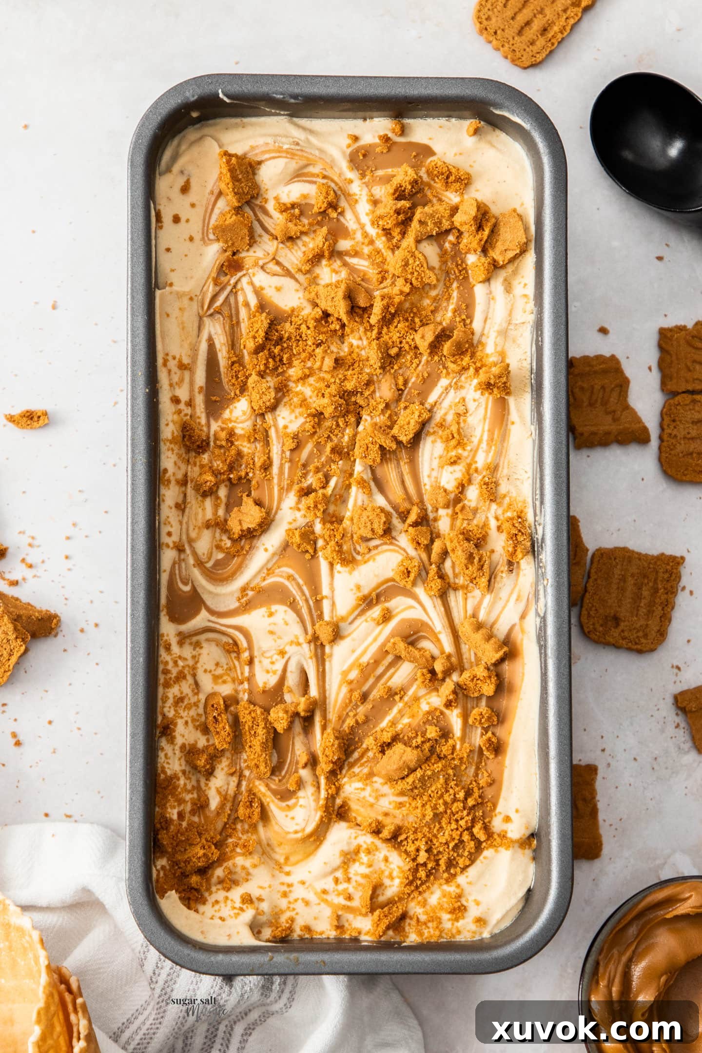 Top down view of a loaf pan filled with Biscoff ice cream, garnished with cookie crumbles.