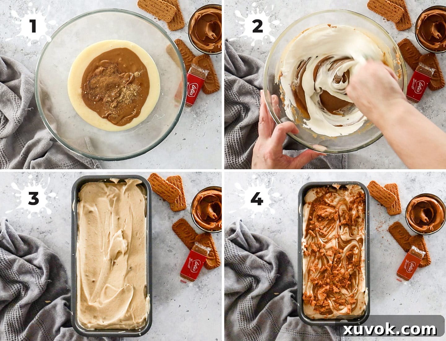 A visual guide showing the progression of making cookie butter ice cream from ingredients to layered container.