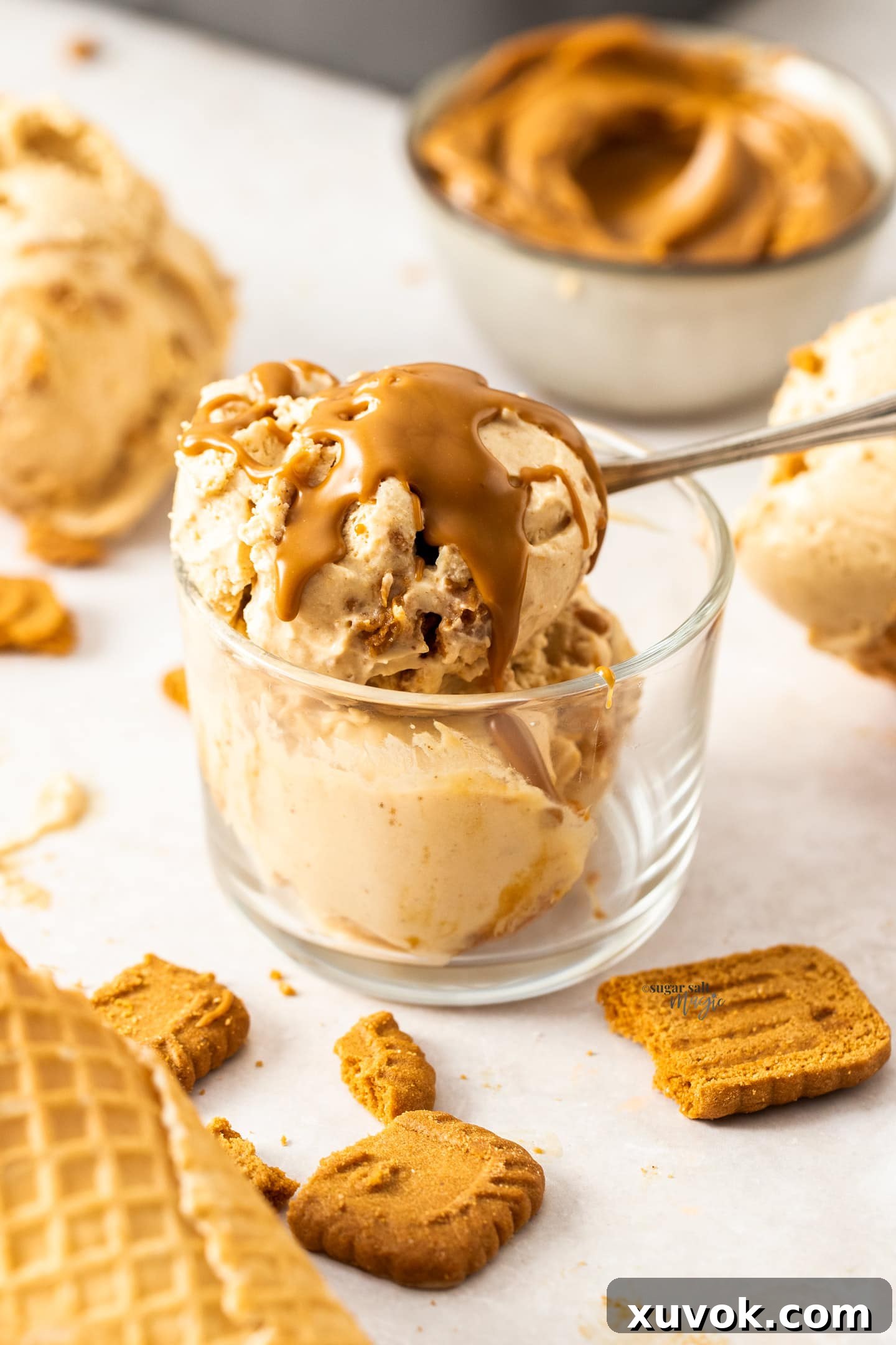 A small glass pot filled with scoops of cookie butter ice cream, adorned with cookie crumbles.