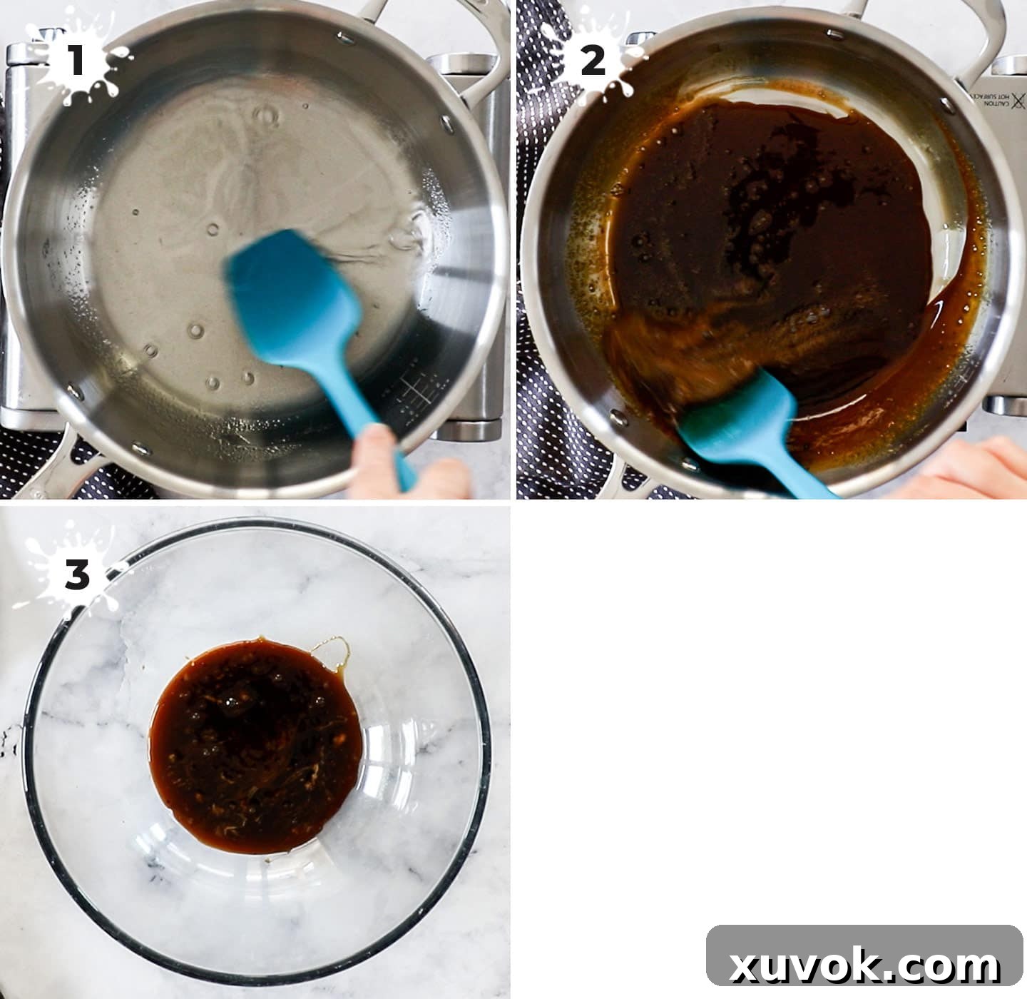 A detailed shot showing the initial step of dissolving gelatine, coffee, and sugar in water within a saucepan over low heat.
