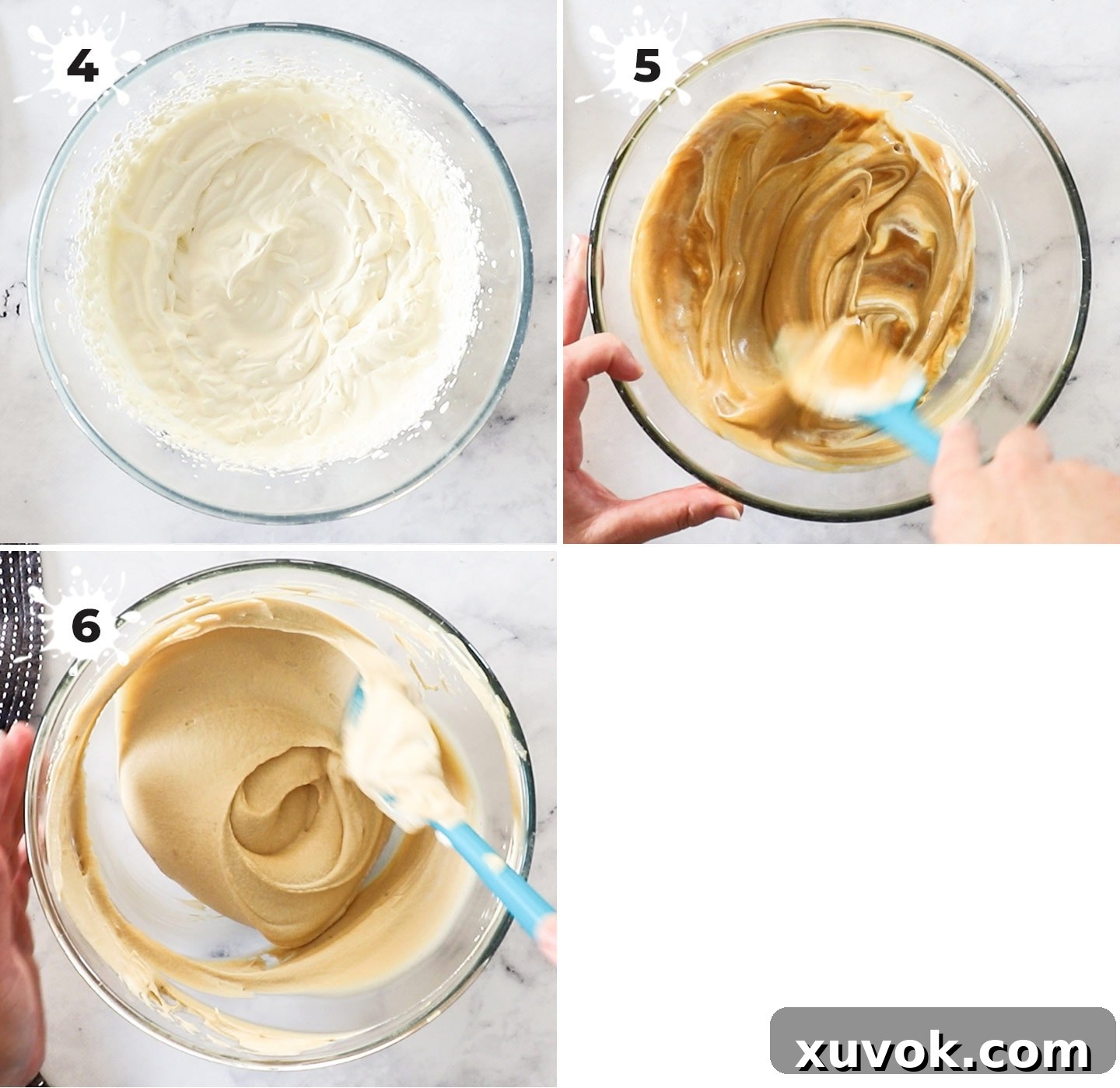 The delicate process of carefully folding freshly whipped cream into the cooled coffee syrup base to create a light and airy mousse.