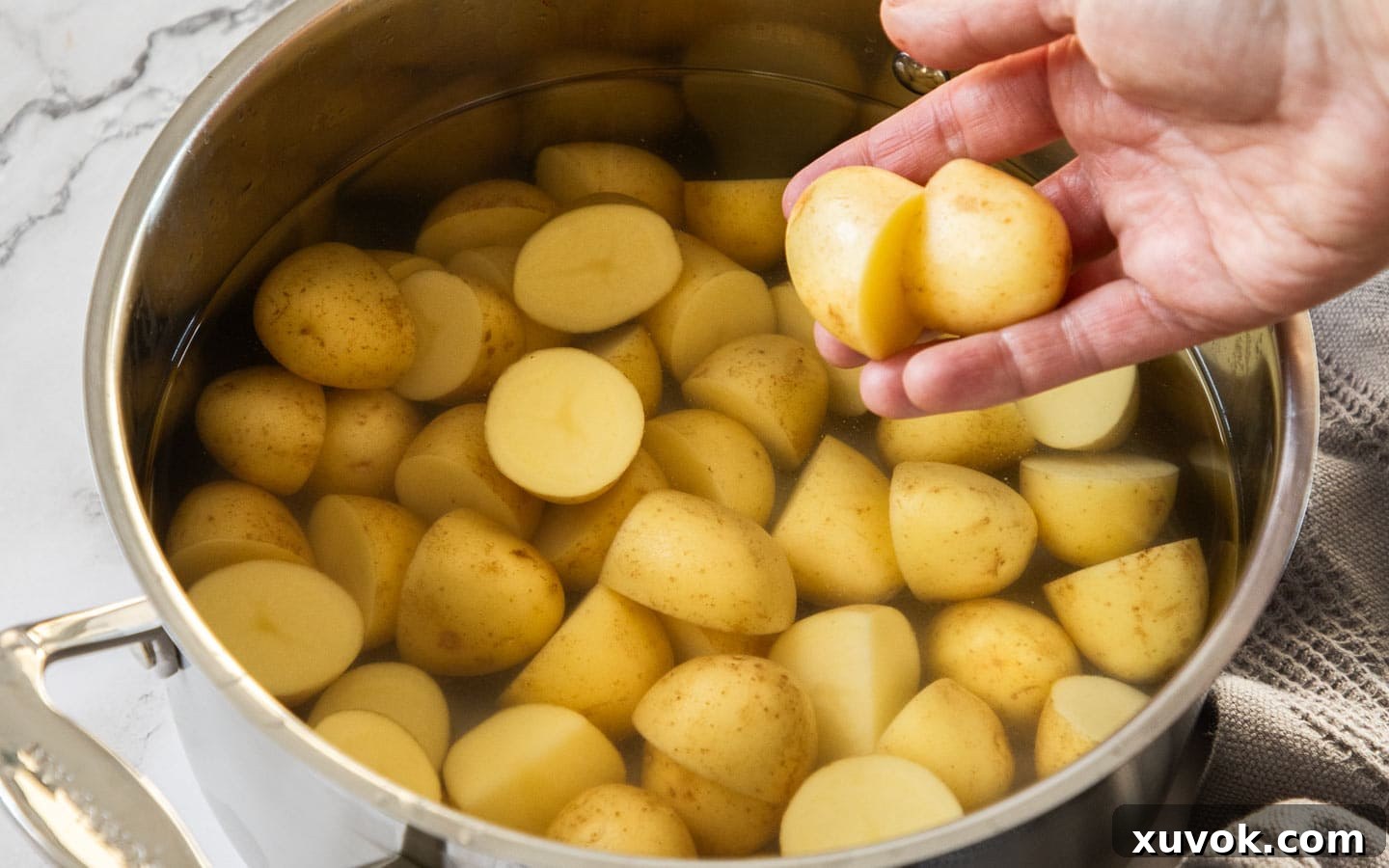Small baby potatoes submerged in water within a large saucepan on the stovetop, just beginning to boil.