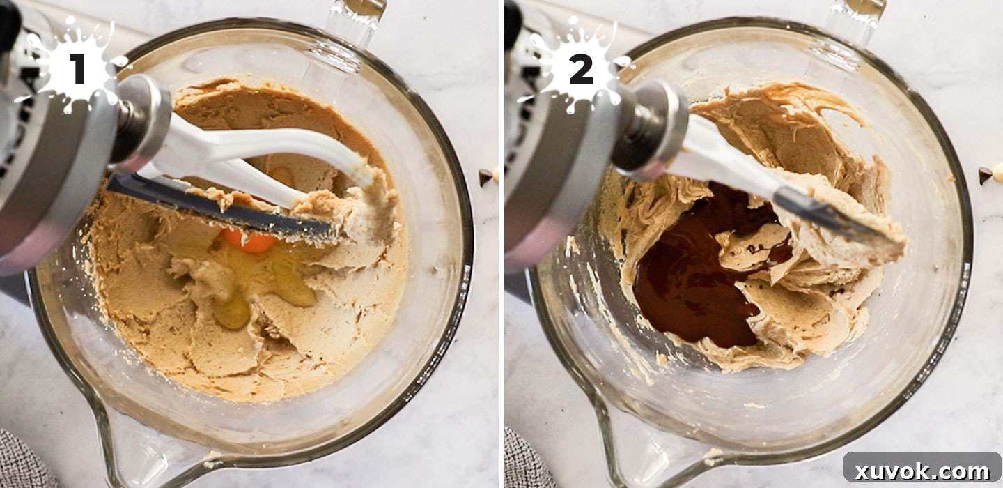Melted dark chocolate being carefully folded into the rich, creamy cookie dough mixture in a stand mixer bowl, creating a luxurious chocolate base for the Black Forest cookies.