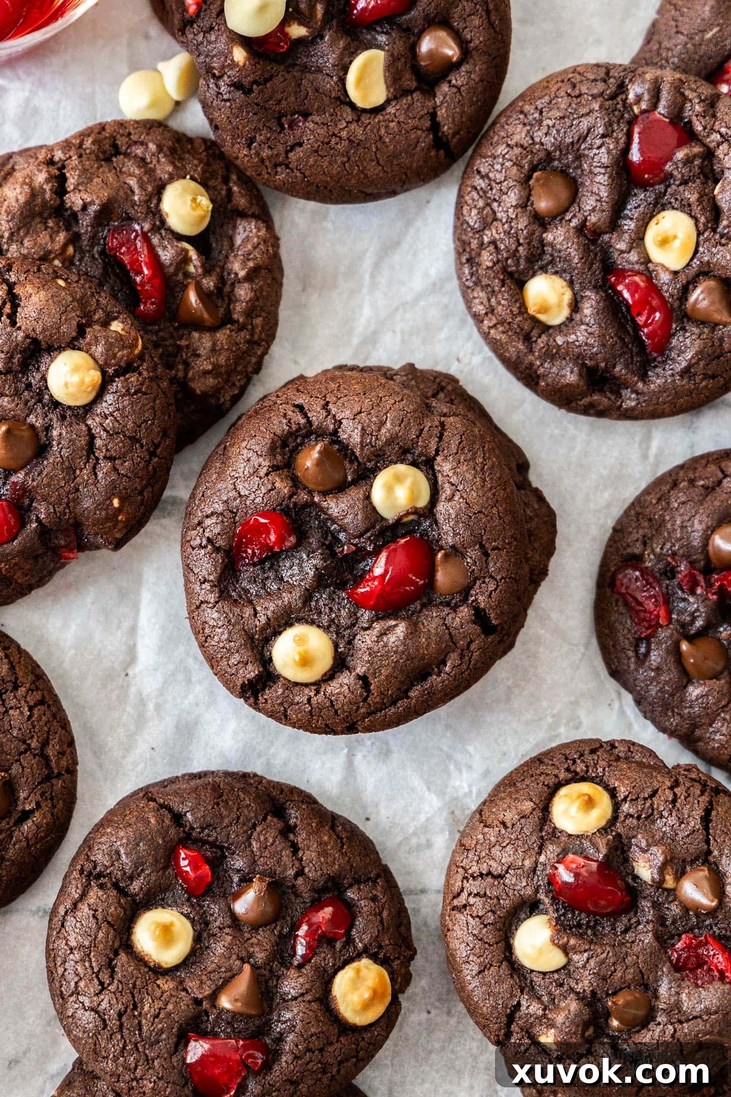 A close-up shot of a freshly baked Black Forest cookie, showcasing its rich, dark chocolate base, visible chocolate chips, and vibrant maraschino cherry pieces on its cracked surface.