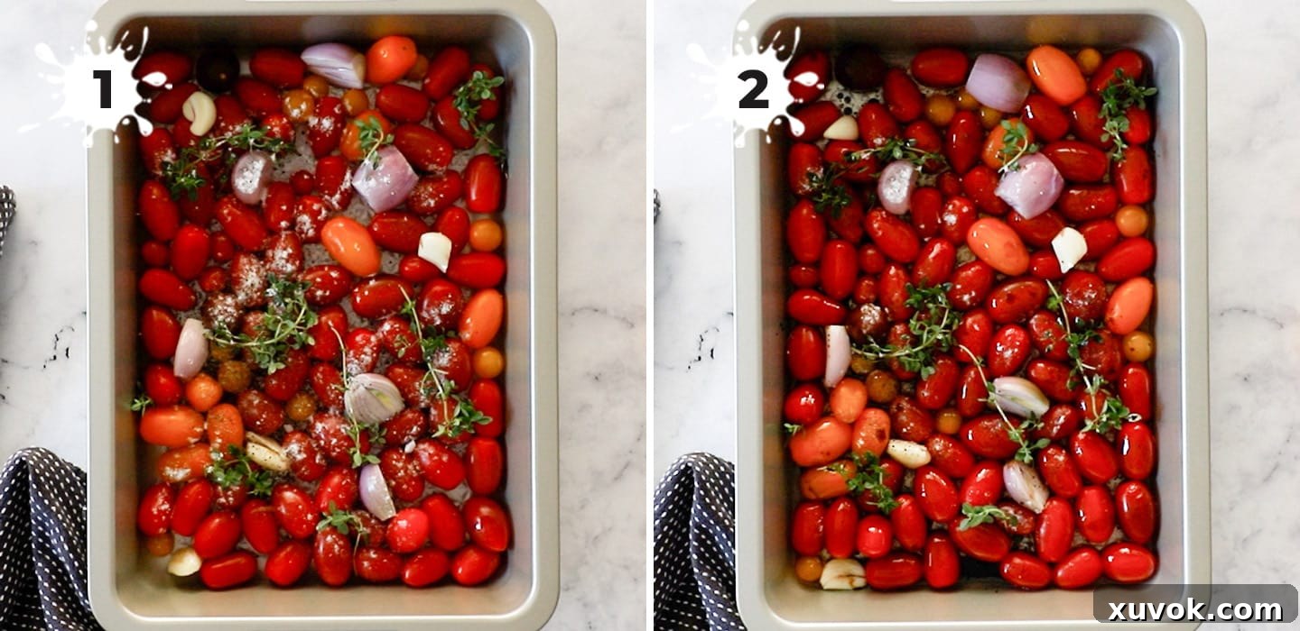 Cherry tomatoes, garlic, shallots, and thyme in a baking dish, drizzled with olive oil and ready for slow roasting in the oven.