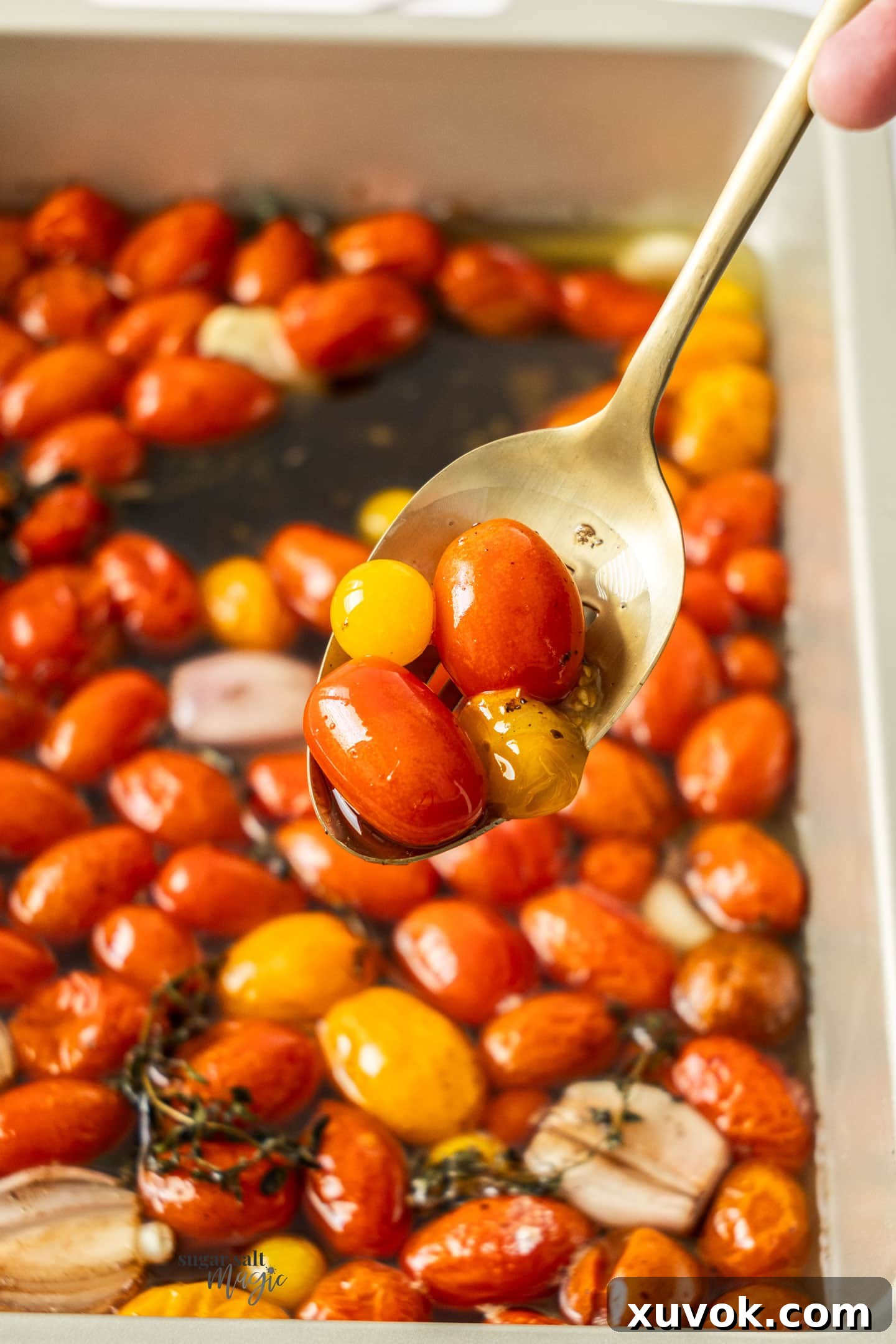 Close-up of a golden spoon holding a single glistening tomato confit, highlighting its tender texture.