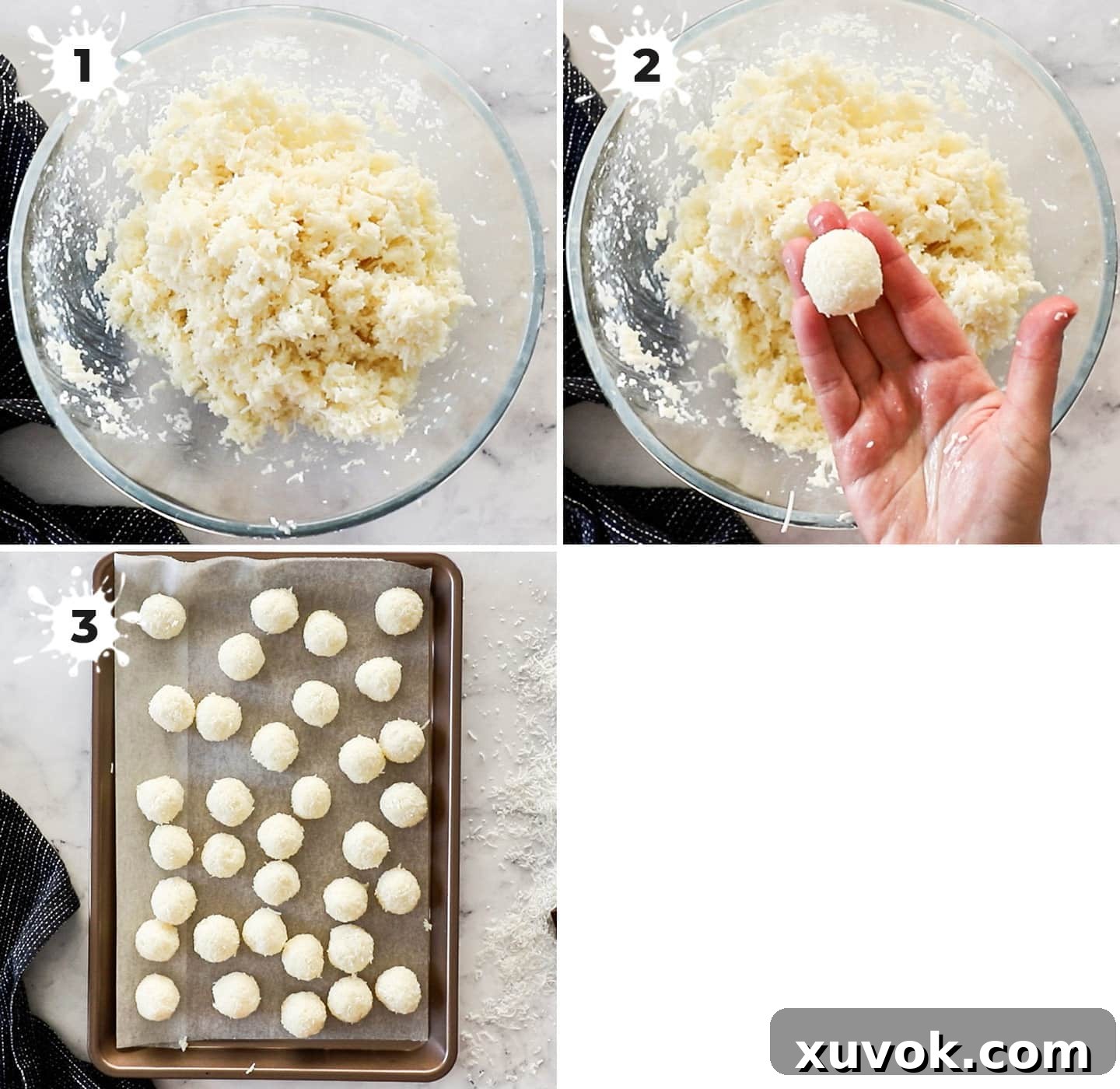 A collage demonstrating the steps of mixing shredded coconut with condensed milk and vanilla, then rolling the mixture into small balls.