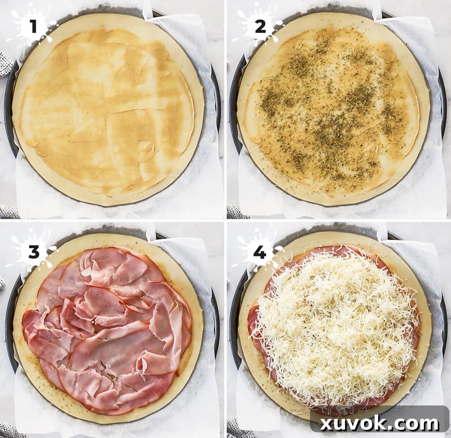 Showing how to add the filling in the right order for tarte soleil.