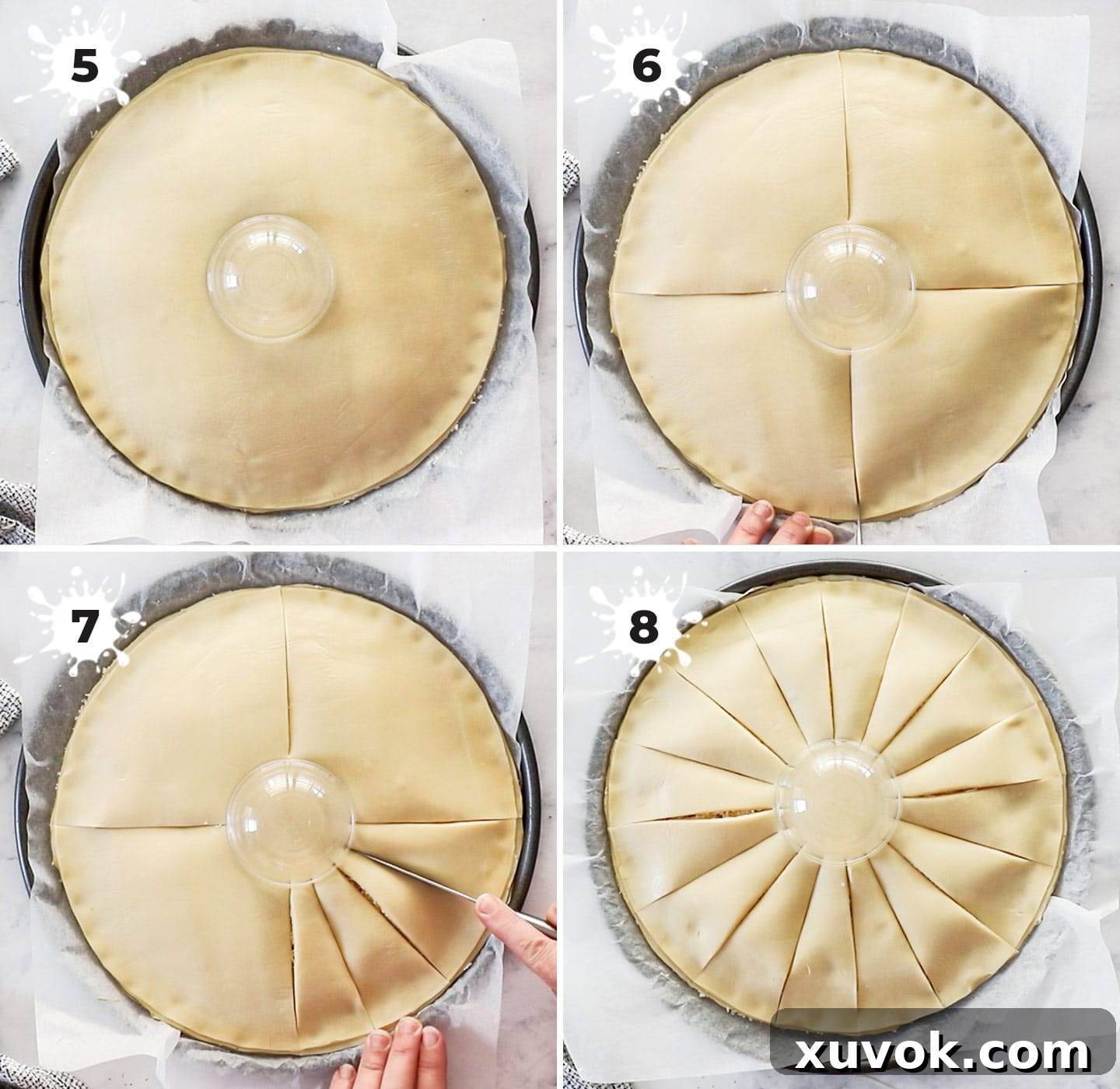 Showing how to section the pastry into the sun rays for tarte soleil.