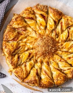 Top down view of half of a tart soleil, showing the flaky pastry and filling.