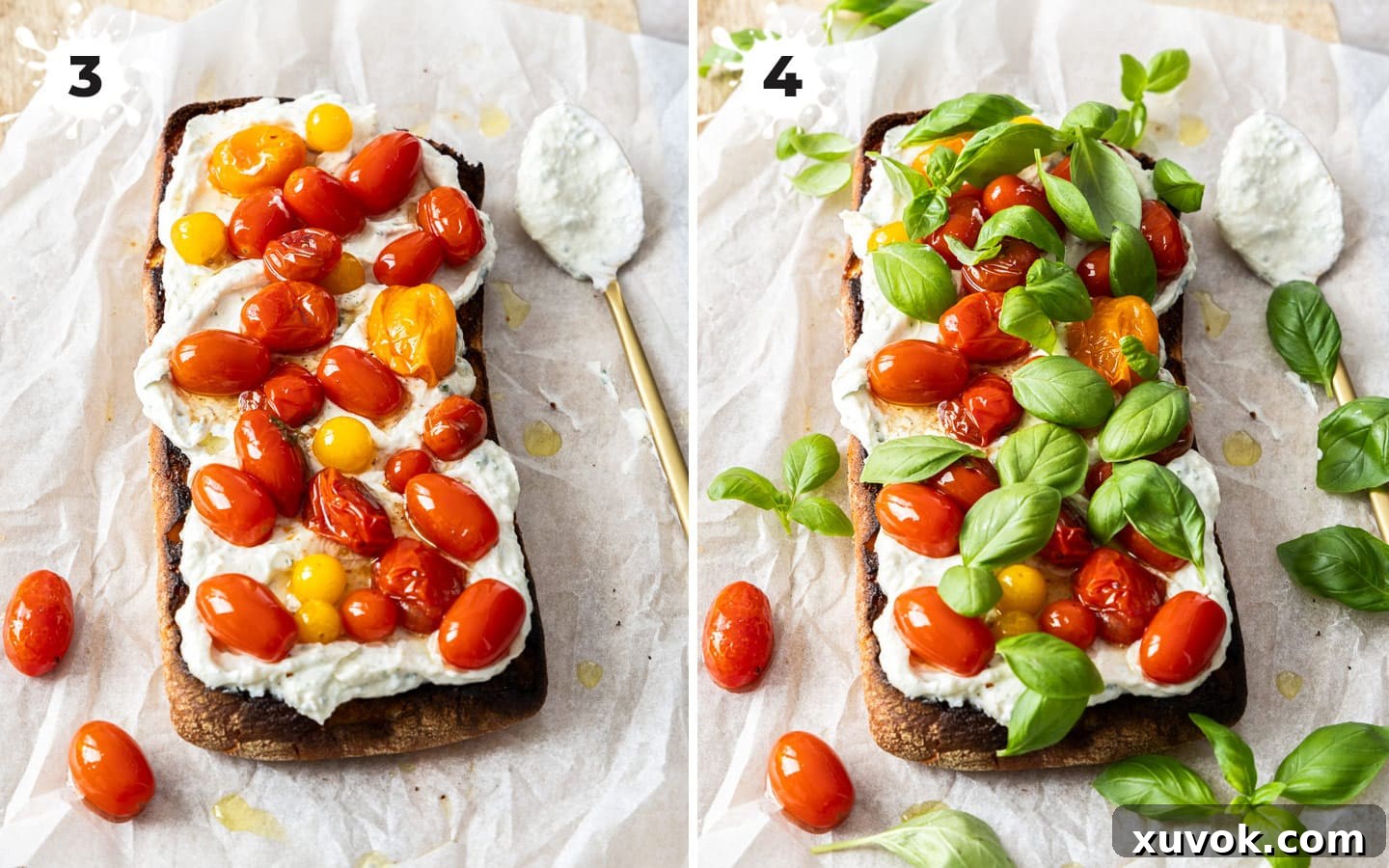 A step-by-step image showing confit tomatoes being spooned over the whipped ricotta on ciabatta, followed by a scattering of fresh basil leaves for the Slow Roasted Tomato Bruschetta.