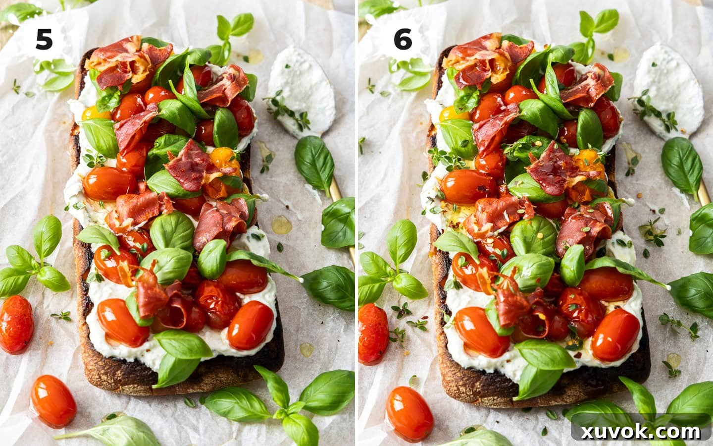 The final assembly step for the Slow Roasted Tomato Bruschetta, showing crispy prosciutto being placed on top of the tomatoes and herbs, with a final drizzle of olive oil.